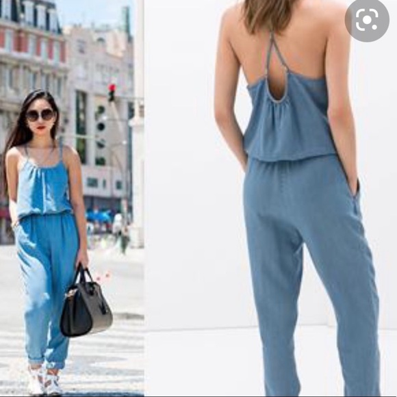Zara | Z1975 Denim Chambray Halter Jogger Jumpsuit - Picture 2 of 11